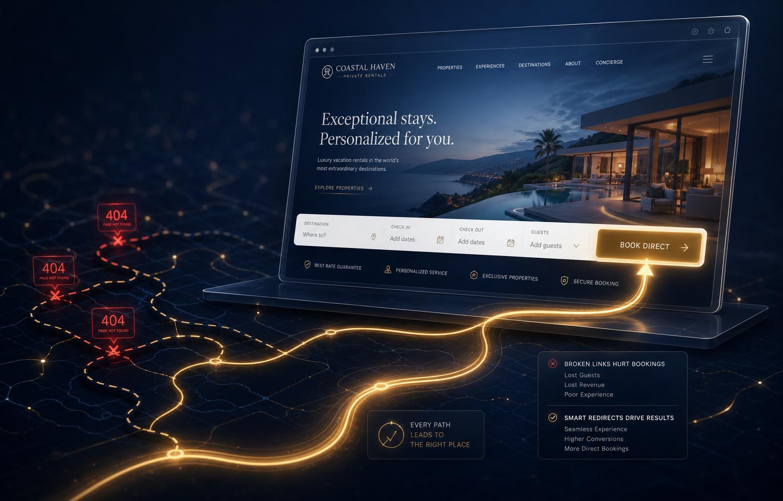 Vacation rental website redesign with broken links, 404 errors, and restored 301 redirect paths leading to direct bookings.