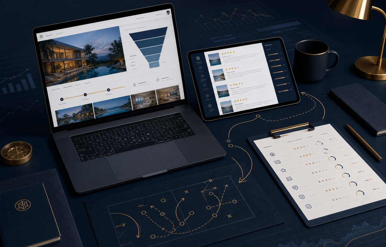 Premium editorial illustration of a vacation rental business tape review with booking flow, guest feedback, listing, website, revenue, and operations audit elements.