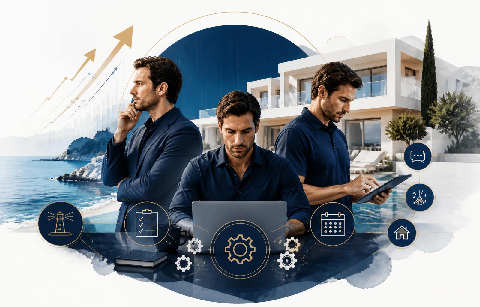 Premium illustration showing a vacation rental owner balancing the Entrepreneur, Manager, and Technician roles in the business.