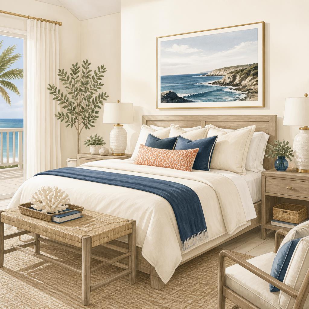 Coastal / Beach vacation rental bedroom illustration in the Villa Marketers palette.