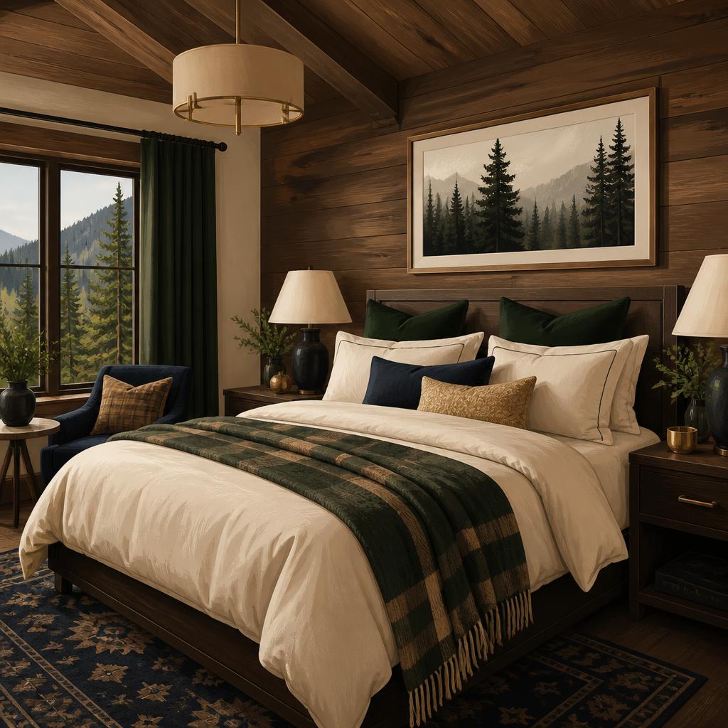 Mountain / Cabin vacation rental bedroom illustration in the Villa Marketers palette.