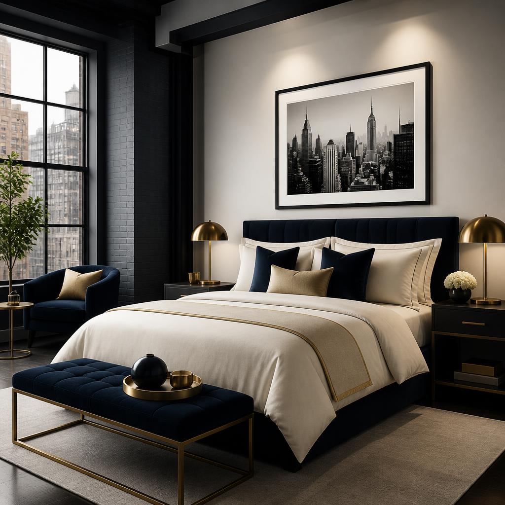 Urban / Loft vacation rental bedroom illustration in the Villa Marketers palette.