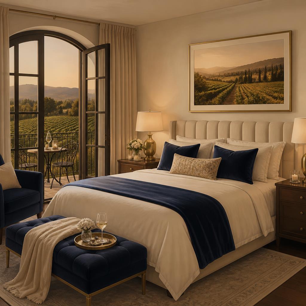 Wine Country / Romance vacation rental bedroom illustration in the Villa Marketers palette.