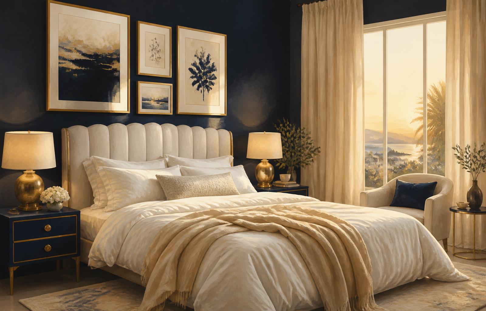 Editorial illustration of a premium vacation rental bedroom with a statement headboard, layered linen bedding, warm lamps and curated wall art.